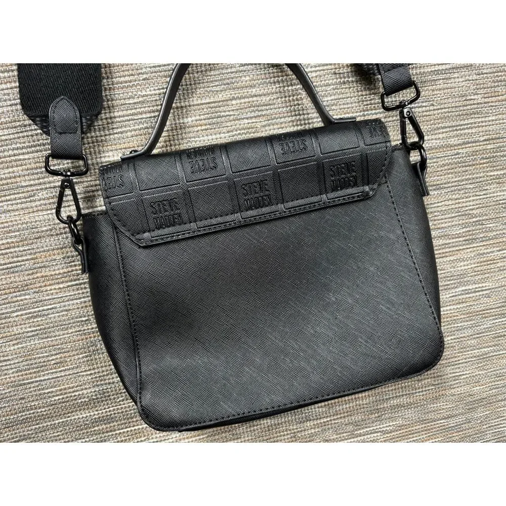 Steve Madden Crossbody Bag Womens Small Black Faux Leather Logo Strap Top Handle